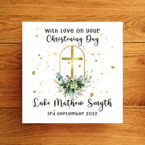 Carta di battesimo di eucalipto con croce d'oro personalizzata per un ragazzo, nipote della carta del battesimo, nipote della carta della cerimonia di denominazione