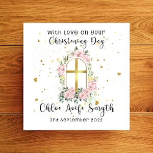 Blumentaufkarte mit Goldkreuz personalisiert für ein Mädchen, Taufkarte Baby Mädchen, Taufzeremonie Karte Mädchen