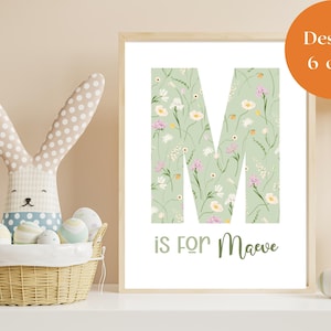 Arte mural con letra M grande para habitación de bebé / Impresión inicial personalizada para niña / 8 diseños / Efecto lino A4 / Regalo con nombre personalizado Maeve