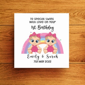 Tarjeta de primer cumpleaños personalizada para niñas o niños gemelos, juego de tarjetas de cumpleaños personalizadas para niñas o niños gemelos