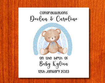 Congrats Baby Boy Card with Blue Rainbow & Cute Teddy Bear Personalised, It's a boy card for Son, New Parents Boy Card