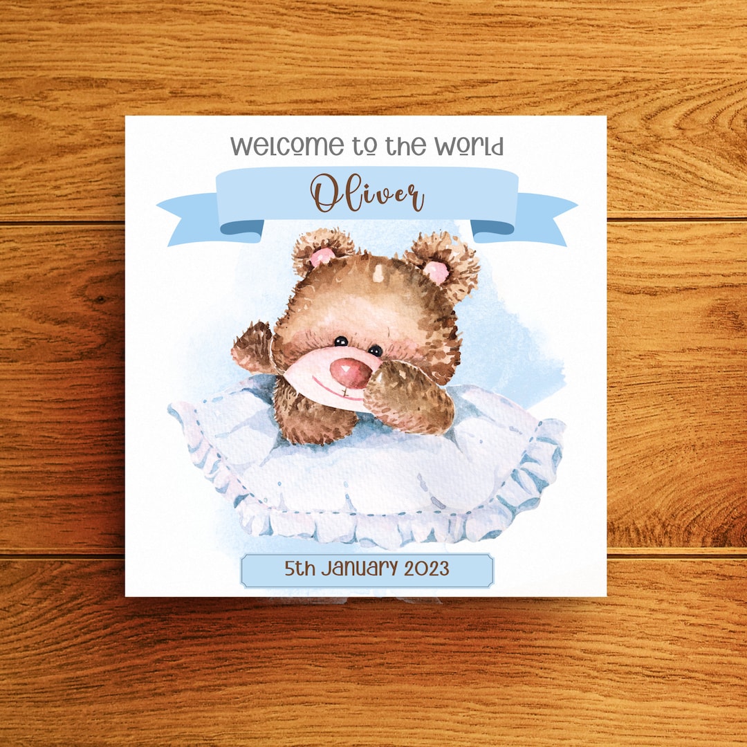 Baby Boy Cute Teddy Bear Card Personalised, Welcome to the World Baby ...
