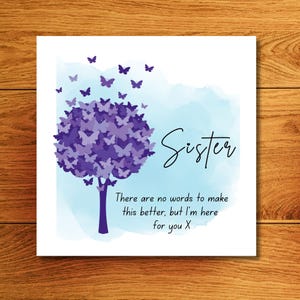 Carte de sympathie pour la sœur avec des papillons violets, désolé pour votre perte Carte pour le deuil d'une sœur avec une plume faite à la main en Irlande