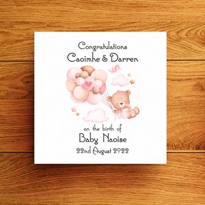 Mignonne nouvelle carte ours en peluche fille, félicitations aux nouveaux parents carte personnalisée, carte bébé fille ballons roses