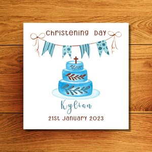 Carte de baptême Garçon personnalisé avec Blue Cake & Bunting, Carte de souhaits de baptême Petit-fils, Carte de cérémonie de baptême Neveu