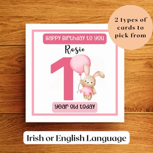 1st Birthday Card for Daughter, Granddaughter, Goddaughter or girl Cute Bunny Rabbit holding a balloon personalised, Large number 1 Card