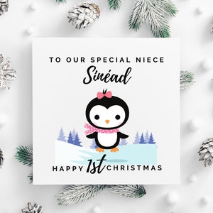 Cartolina di Natale Niece personalizzata per il 1° Natale, simpatica cartolina di Natale Pinguino Nipote, figlioccia Biglietto di Natale