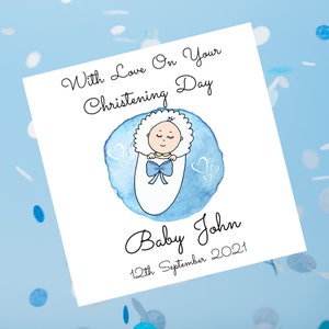Carte de baptême personnalisée pour un bébé garçon emmailloté, carte de baptême bébé garçon arc bleu, garçon de carte de cérémonie de baptême