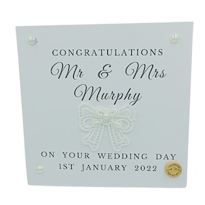 Carte de félicitations de mariage personnalisée avec noeud blanc effet perles pour fille et gendre, carte de voeux de mariage pour fils et belle-fille