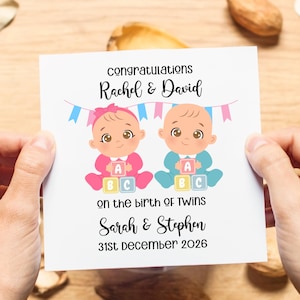 Biglietto personalizzato per gemelli appena nati, biglietto personalizzato di congratulazioni per gemelli, set di biglietti per gemelli femmine o gemelli maschi