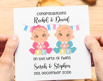 Newborn Twins Personalised Card, Congrats Twins Personalised Card, Set of Twin Girls or Twin Boys Card