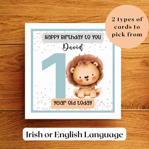 Carte de 1er anniversaire pour garçon avec un joli bébé lion personnalisé, grande carte d'anniversaire numéro 1 pour fils, petit-fils, neveu, filleul irlandais fait à la main
