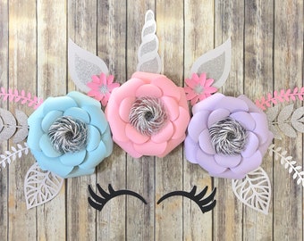 Unicorn Paper Flowers in Lavender Pink Blue, Unicorn Gift, Unicorn Decor Girl Bedroom, Unicorn Wall Decor