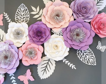 Paper Flowers Wall Decor Set of 11, Blush and Lavender Paper Flowers, Nursery Flower Decor, Nursery Wall Flowers, Floral Name Sign Decor