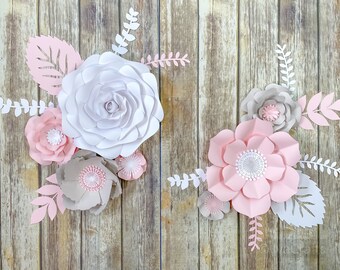 Wall Flowers for Girls Nursery in Blush & Grey, Paper Flowers Wall Decor, Baby Shower Flowers, Name Sign Flowers