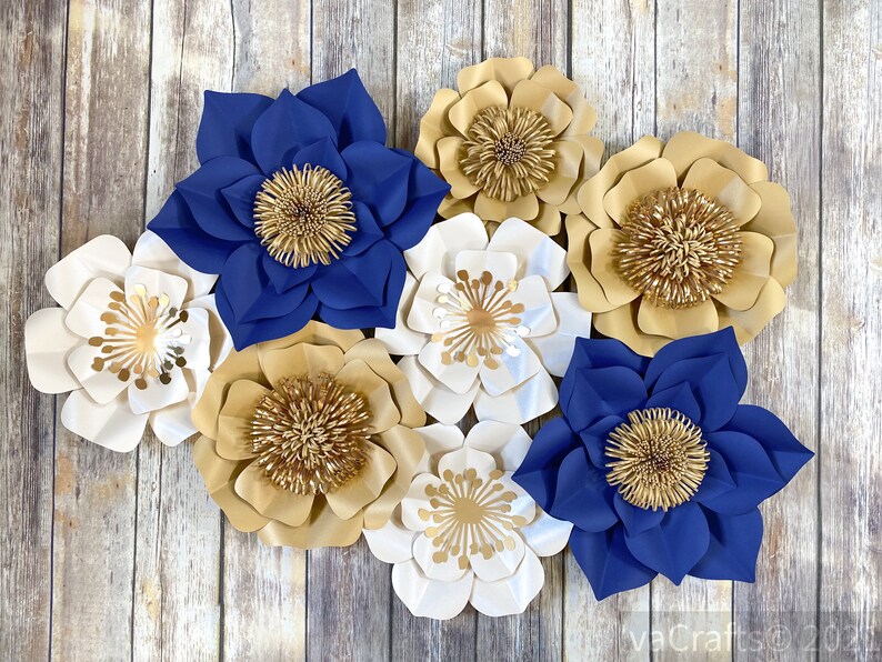 Large Paper Flowers in Navy Blue Gold Cream Wall Flowers Etsy