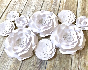 White Paper Flowers with Silver 9pcs, Girl Nursery Wall Decoration, Wedding Flower Backdrop, Paper Roses Birthday Decor, Floral Backdrop