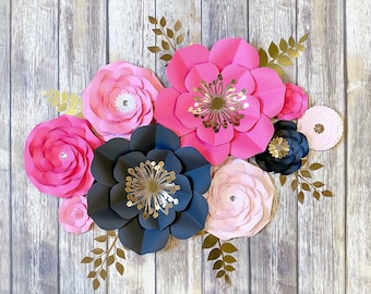 9 Paper Flowers Wall Decor, Sweet 16 Birthday Decorations, Bridal Shower Party Backdrop in Kate Spade Victoria Secret Theme