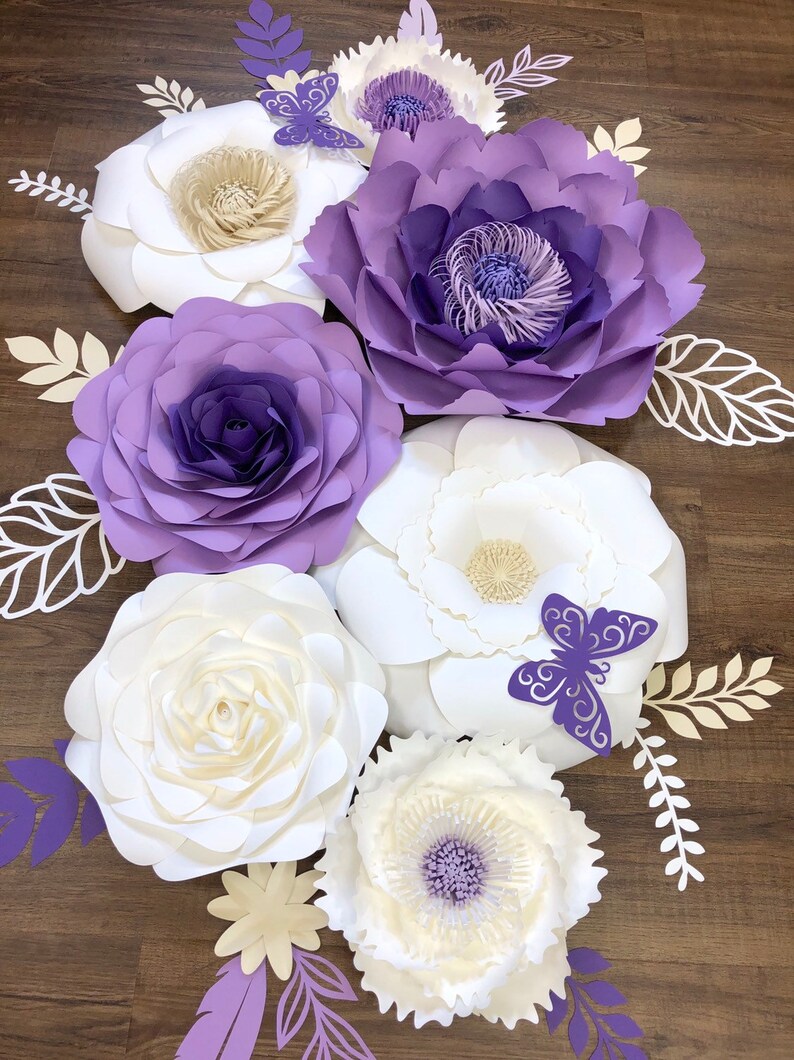 Large Paper Flowers Wall Decor Set of 7 Royal Purple & White Etsy