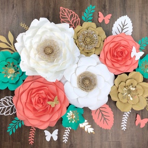 Giant Paper Flowers Nursery Decor, Girl Nursery Wall Flowers, Baby Shower Flower Decor, Wedding Backdrop, Floral Birthday Decorations Coral/Teal Green