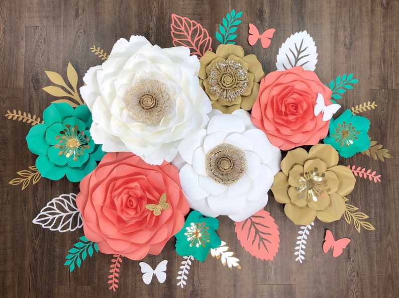 Giant Paper Flowers Nursery Decor, Girl Nursery Wall Flowers, Baby Shower Flower Decor, Wedding Backdrop, Floral Birthday Decorations Coral/Teal Green