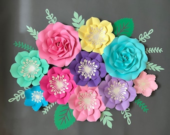 Rainbow Wall Flowers for Girls Nursery, Unicorn Paper Flowers Wall Decor, Large Paper Flowers, Bright Flowers