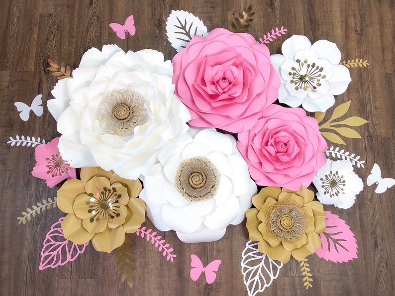 Giant Paper Flowers Nursery Decor, Girl Nursery Wall Flowers, Baby Shower Flower Decor, Wedding Backdrop, Floral Birthday Decorations White/Pink/Gold