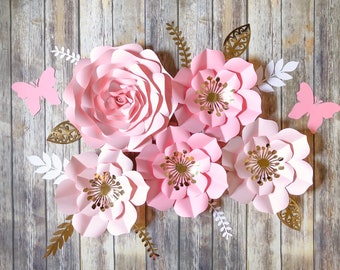 Paper Flowers Wall Decor in Blush and Gold, Paper Flower Backdrop, 3d Flower Wall Decor, Wedding Arch Flowers