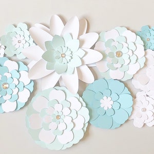 Small Paper Flowers 10pcs in White and Light Blue, Shadow Box Paper Flowers, Flower Cake Topper, Flower Banner Decor, Mini Flowers image 5