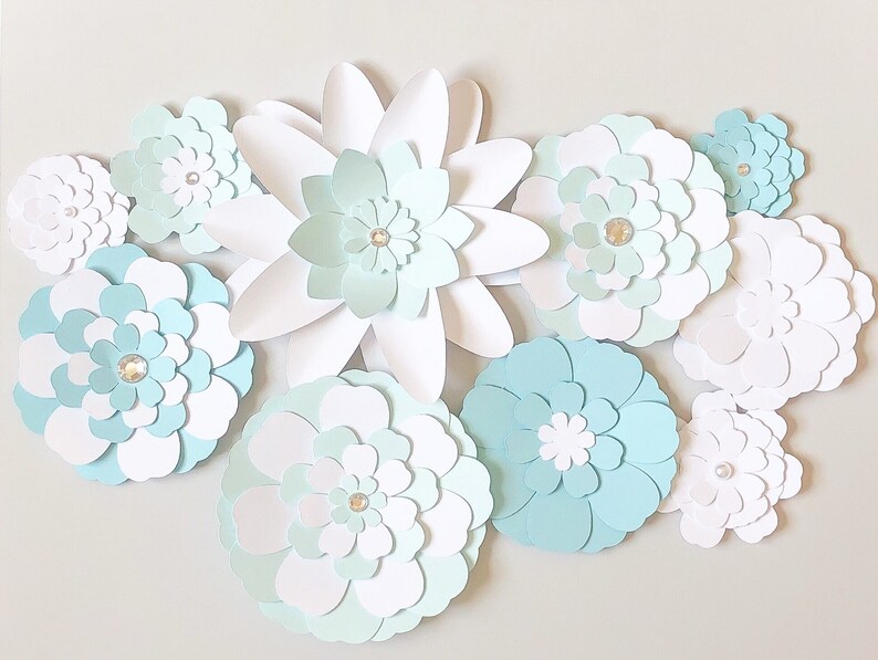 Small Paper Flowers 10pcs in White and Light Blue, Shadow Box Paper Flowers, Flower Cake Topper, Flower Banner Decor, Mini Flowers image 5