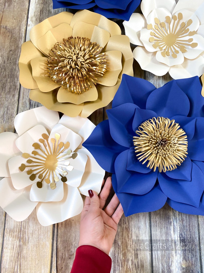 Large Paper Flowers in Navy Blue Gold Cream Wall Flowers Etsy