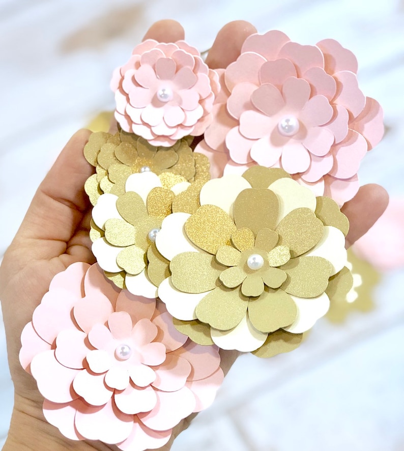 Handmade Peach Paper Flower Embellishments Party Decor Scrapbook Cake Flowers Table Decorations Set of 6 Package Toppers
