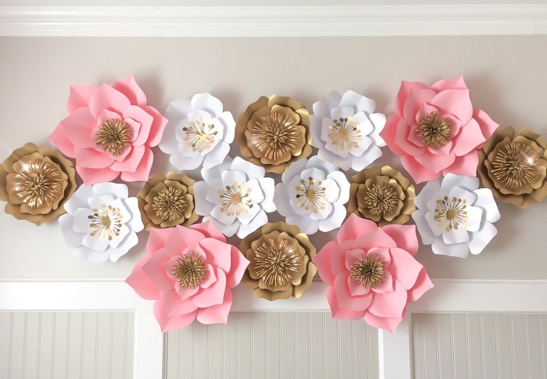 Bridal Photoshoot Pink and Gold Floral Arrangement Wedding Flower Wall Home Decor Large Paper Flower Set of 8