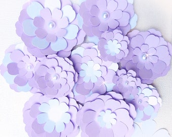 Small Paper Flowers in Lavender & White, Nursery Wall Flowers, Shadow Box Flowers, Floral Cake Topper, Scrapbooking Flowers