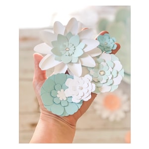 Small Paper Flowers 10pcs in White and Light Blue, Shadow Box Paper Flowers, Flower Cake Topper, Flower Banner Decor, Mini Flowers image 1