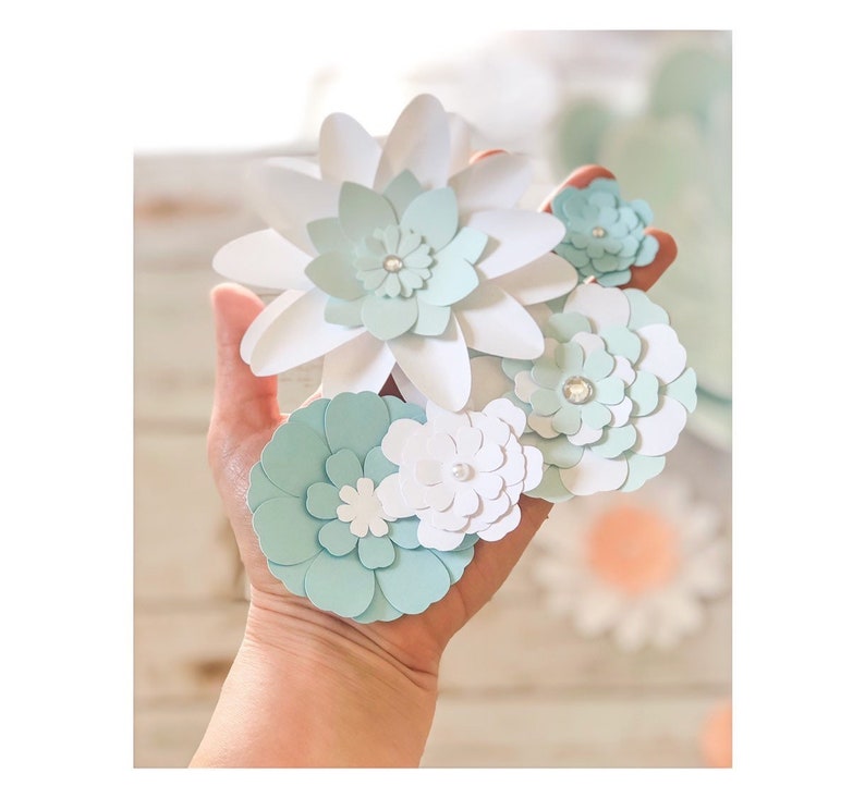 Small Paper Flowers 10pcs in White and Light Blue, Shadow Box Paper Flowers, Flower Cake Topper, Flower Banner Decor, Mini Flowers image 1
