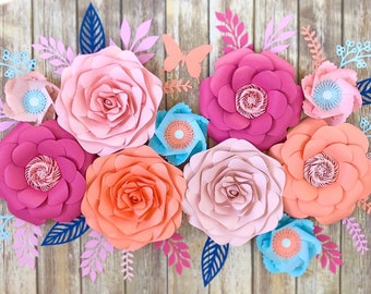 10 Large Paper Flowers, Pink Coral Blue Nursery Wall Decor, Nursery Wall Flowers, Name Sign Flowers, Baby Shower Flower Backdrop