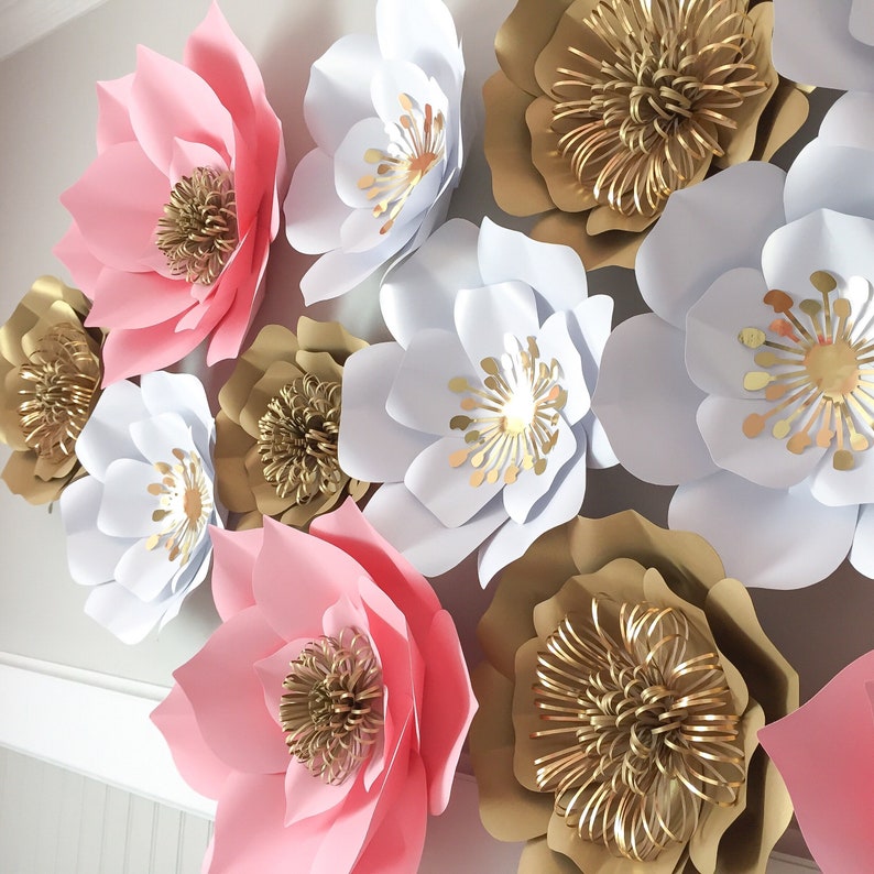 Bridal Photoshoot Pink and Gold Floral Arrangement Wedding Flower Wall Home Decor Large Paper Flower Set of 8
