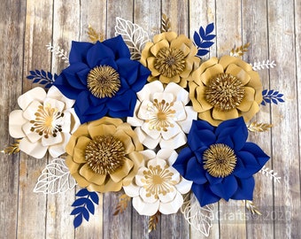 Large Paper Flowers in Navy Blue Gold Cream, Wall Flowers, Bridal Shower Floral Backdrop, Baby Shower Backdrop Royal Blue