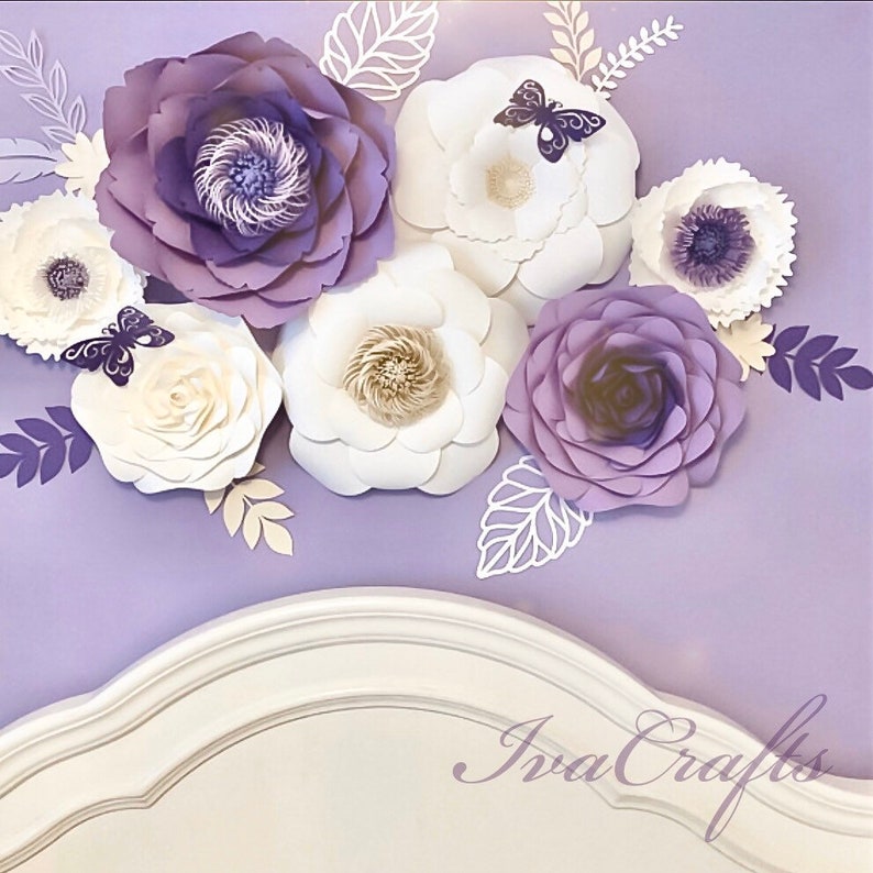 Large Paper Flowers Wall Decor Set of 7 Royal Purple & White Etsy