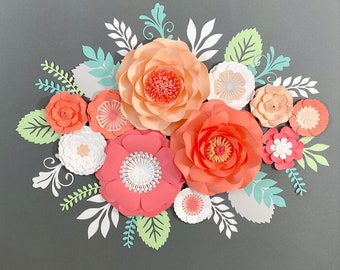 11 Paper Flowers Wall Decor Coral Peach Baby Girl Nursery Flowers Name Sign Floral Baby Shower Decoration Birthday Party Backdrop