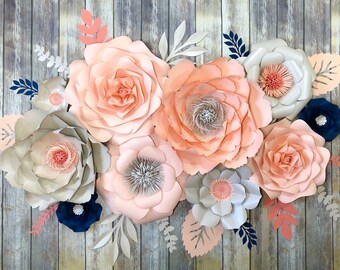 Nursery Wall Flowers Peach & Navy Blue, Large Paper Flower Decor, Girl Baby Shower Paper Flowers, Boho Wedding Backdrop, Birthday Decor