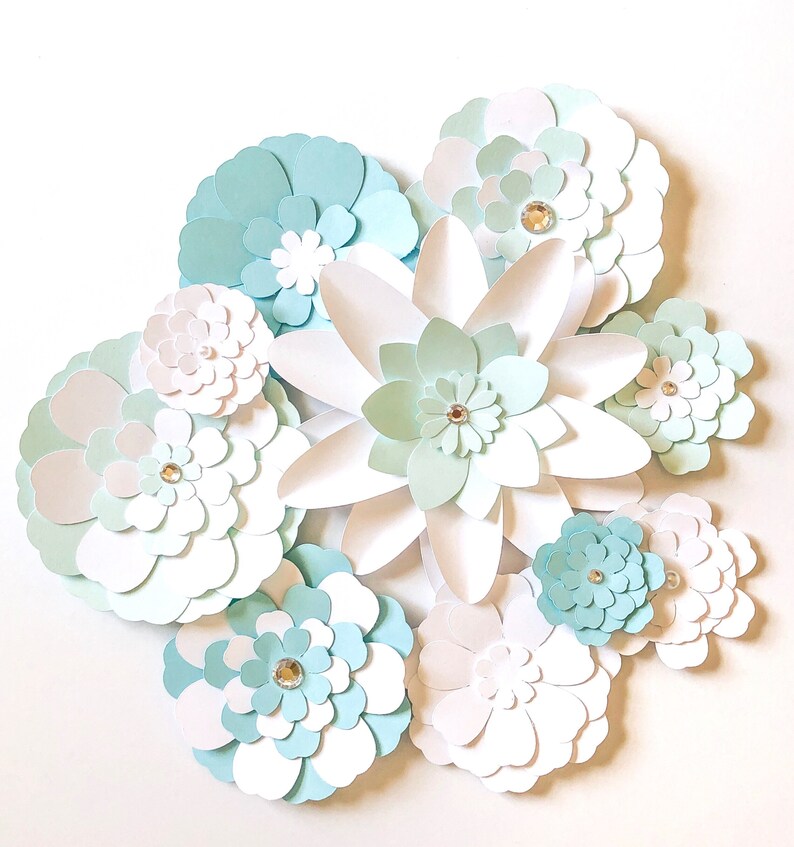 Small Paper Flowers 10pcs in White and Light Blue, Shadow Box Paper Flowers, Flower Cake Topper, Flower Banner Decor, Mini Flowers Set of 10