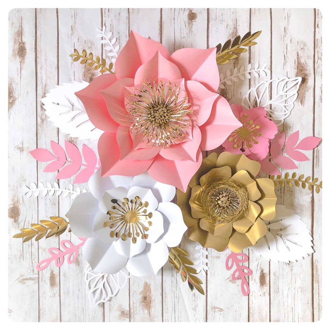 Paper Flowers Wall Decor for Girls Room in Blush Gold White, Nursery