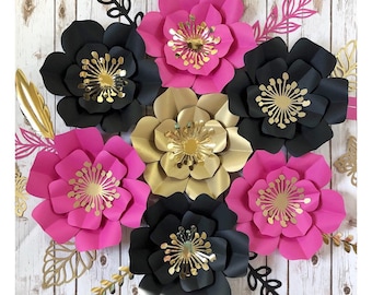 Custom Paper Flowers Hot Pink Black Gold 9pcs, 3D Wall Flowers, Sweet 16 Party Decoration, Kate Spade Theme Victoria Secret Decor