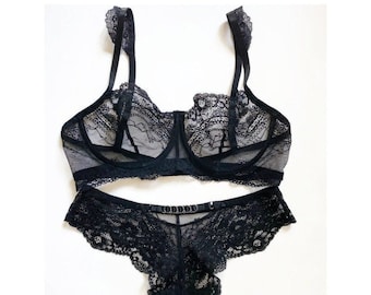 Black Lace Transparent Lingerie Set, Sensual Valentine's Day Gift for Her, Boudoir Underwear