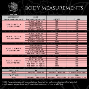 May include: A chart with body measurements for bra and panty sizes. The chart includes underbust, bust, US size, and EU size measurements in inches and centimeters. Panty sizes are also listed with hip measurements.