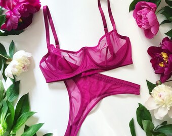 Sheer fuchsia lingerie Gift for girlfriend Sexy lingerie Nude lingerie Lingerie sheer Lingerie sexy Pink lingerie set Sexy lingerie