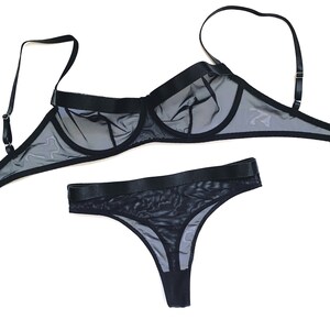 Lingerie set Transparent underwear Lingerie for women Gift for wife Seductive lingerie Black mesh bra and panty Boudoir underwear Sheer bra