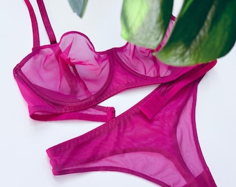 Valentines Lingerie Set, Sheer Fuchsia Underwear, Romantic Lingerie, Sheer Bra and Transparent Thongs